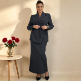 Plus Size Tie Up Blazer Long Skirt Two Piece Set QMZF-2148