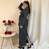 Plus Size Tie Up Blazer Long Skirt Two Piece Set QMZF-2148
