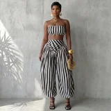 Stripe Warp Chest Top Lantern Pants 2 Piece Set GQLK-6695