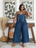 Plus Size Patchwork Washed Denim Sling Wide Leg Jumpsuit GYLN-6441
