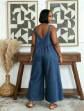 Plus Size Patchwork Washed Denim Sling Wide Leg Jumpsuit GYLN-6441