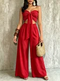 Halterneck Solid Color Ruched Wide Leg Pants Suit QYMF-M607