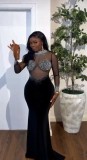 Long Sleeve See Through Hot Drill Maxi Dress GMYU-9740