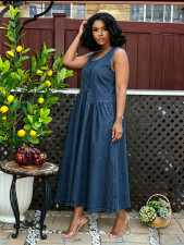 Plus Size Press Pleated Denim Maxi Dress GYLN-6420