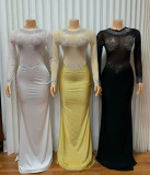 Long Sleeve See Through Hot Drill Maxi Dress GMYU-9740