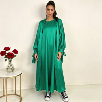 Plus Size Satin Loose Cardigan Outer Robe+Sleeveless Dress 2 Piece Set QMZF-2115