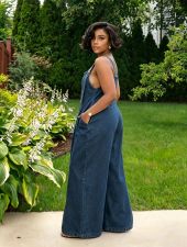 Plus Size Loose Press Pleated Denim Sling Wide Leg Jumpsuit GYLN-6440