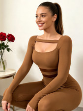 Plus Size Long Sleeve Mesh Patchwork Yoga Jumpsuit QMZF-1959