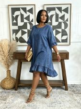 Plus Size Irregular Ruffles Denim Midi Dress GYLN-0636