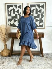 Plus Size Irregular Ruffles Denim Midi Dress GYLN-0636