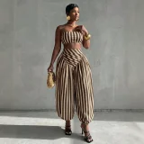 Stripe Warp Chest Top Lantern Pants 2 Piece Set GQLK-6695