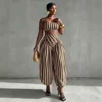 Stripe Warp Chest Top Lantern Pants 2 Piece Set GQLK-6695