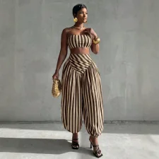 Stripe Warp Chest Top Lantern Pants 2 Piece Set GQLK-6695
