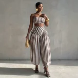 Stripe Warp Chest Top Lantern Pants 2 Piece Set GQLK-6695