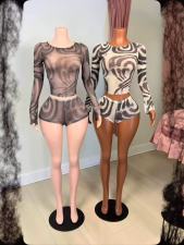 Long Sleeve Mesh Print Two Piece Shorts Set GFCF-1555