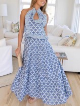 Off Shoulder Backless Print Two Piece Skirts Set GXBQ-FK190101