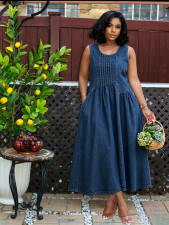 Plus Size Press Pleated Denim Maxi Dress GYLN-6420