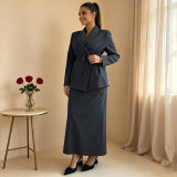 Plus Size Tie Up Blazer Long Skirt Two Piece Set QMZF-2148