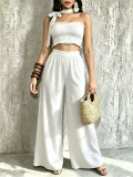 Halterneck Solid Color Ruched Wide Leg Pants Suit QYMF-M607