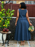 Plus Size Press Pleated Denim Maxi Dress GYLN-6420