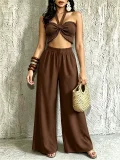 Halterneck Solid Color Ruched Wide Leg Pants Suit QYMF-M607