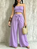 Halterneck Solid Color Ruched Wide Leg Pants Suit QYMF-M607