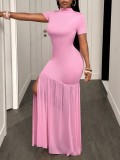 Solid Color Short Sleeve Split Maxi Dress GHYX-TXY5458