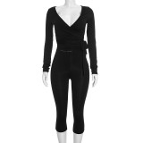 Deep V Neck Solid Color Two Piece Pants Set MXBF-J26ST361
