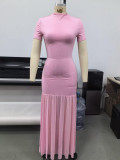 Solid Color Short Sleeve Split Maxi Dress GHYX-TXY5458