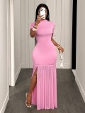 Solid Color Short Sleeve Split Maxi Dress GHYX-TXY5458