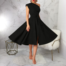 Slash Shoulder Sleeveless Solid Midi Dress YF-11061