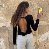 Solid Color Backless Long Sleeve Top GSBW-D26TP310