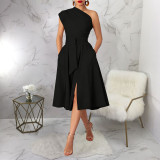 Slash Shoulder Sleeveless Solid Midi Dress YF-11061