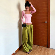 Square Neck Solid Long Sleeve Two Piece Pants Set GYME-K6S14557A