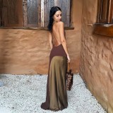 Deep V Neck Backless Color Block Maxi Dress GYME-K6D13886A