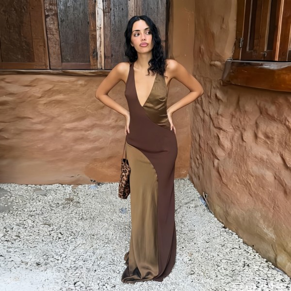 Deep V Neck Backless Color Block Maxi Dress GYME-K6D13886A