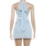 Halterneck Tie Up Solid Color Mini Dress GYME-K6D11203A