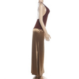 Deep V Neck Backless Color Block Maxi Dress GYME-K6D13886A