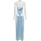 Lace Edge Halterneck Solid Maxi Dress GYME-K6D10431A