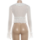 See Through V Neck Ruffles Top GYME-K6L13179A