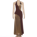Deep V Neck Backless Color Block Maxi Dress GYME-K6D13886A