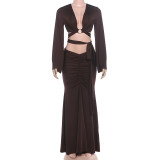 Hollow Out Flare Sleeve Ruched Two Piece Skirt Set GYME-K6S13889A