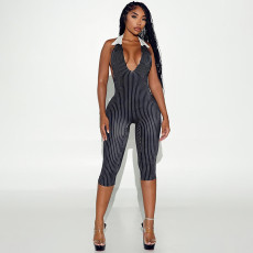 Stripe Printed Backless Seventh Jumpsuit MXBF-J26JP347