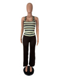 Stripe Print Sleeveless U Neck Two Piece Pants Set SHD-8128
