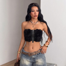 Fur-patchwork Skinny Zipper Vest GZJQ-K6B15282A