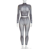 Stripe Mesh Print Long Sleeve Pants Suit MXBF-D26ST291