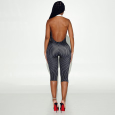 Stripe Printed Backless Seventh Jumpsuit MXBF-J26JP347