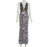 Mesh Patchwork V Neck Print Maxi Dress GZJQ-K6D15982A