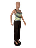 Stripe Print Sleeveless U Neck Two Piece Pants Set SHD-8128