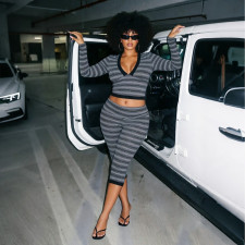 Deep V Neck Stripe Print Two Piece Pants Set MXBF-J26ST363